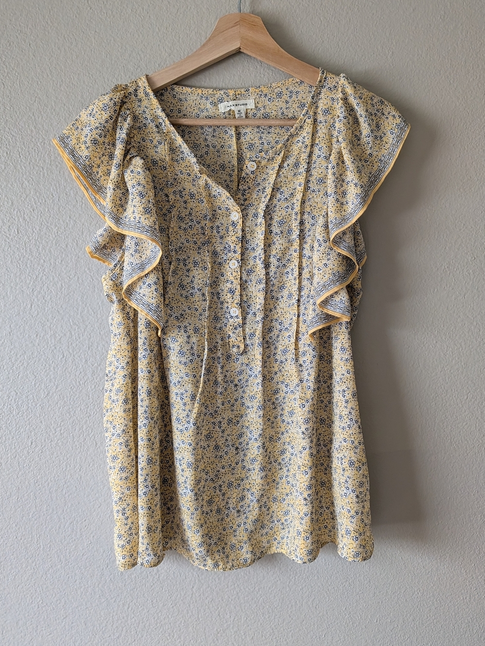 Max Studio Floral Ruffle Peasant Blouse Top Size Medium Yellow Boho